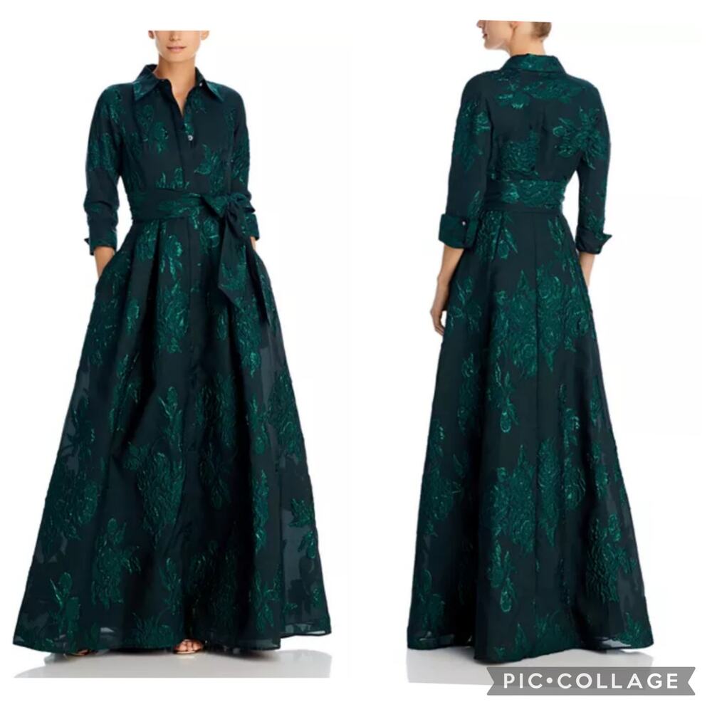 Teri Jon by Rickie Freeman Emerald Metallic Jacquard Shirt Dress Gown Size 6